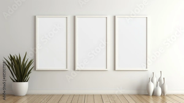 Fototapeta Blank, frame and canvas on a gallery room wall for mockup prints, graphic design and home interior. White, clean and empty space for art ideas collection, painting studio or creative inspiration