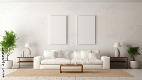 Fototapeta Living room, chair and home interior design with blank frame for apartment design and lifestyle. Cozy, modern or luxury furniture mockup space for text or print for ideas and architecture inspiration