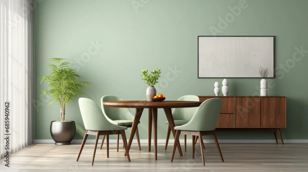 Fototapeta Furniture, dining room and modern table with wood chairs for apartment, hotel and home picture frame. Creative, interior design and mockup poster space for restaurant, dinner and decor inspiration