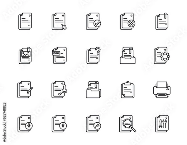 Fototapeta Set of outline icons related to documents, files, data, paperwork. Editable stroke. Outline icons suitable for web, infographics, interface, and apps.