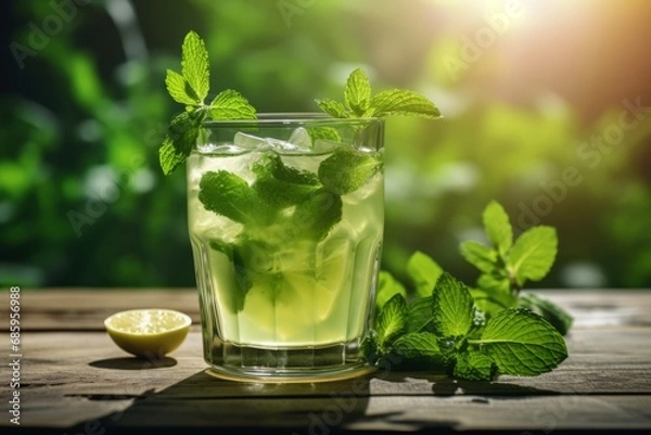 Fototapeta Enjoying a healthful and invigorating Iced Matcha Tea garnished with fresh mint at a rustic cafe table