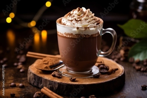 Fototapeta An enticing view of a frothy chocolate and hazelnut latte served in a cozy cafe ambiance