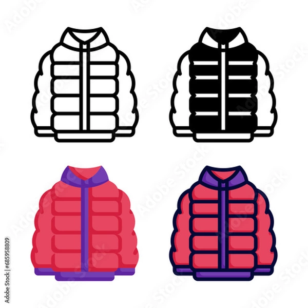 Fototapeta Puffer coat icon set style collection in line, solid, flat, flat line style on white background