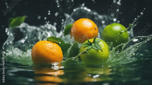Fototapeta Green tangerines in the water colour splash generated by AI 