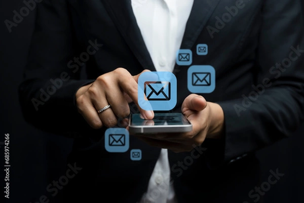 Fototapeta Email marketing concept. Hand of businessman using smartphone , tablet, for email virtual screen. Business digital technology and marketing.	
