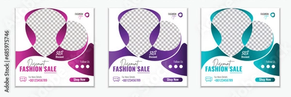 Fototapeta Set of minimal square fashion sale social media post design . Vector social media post template design in different color.