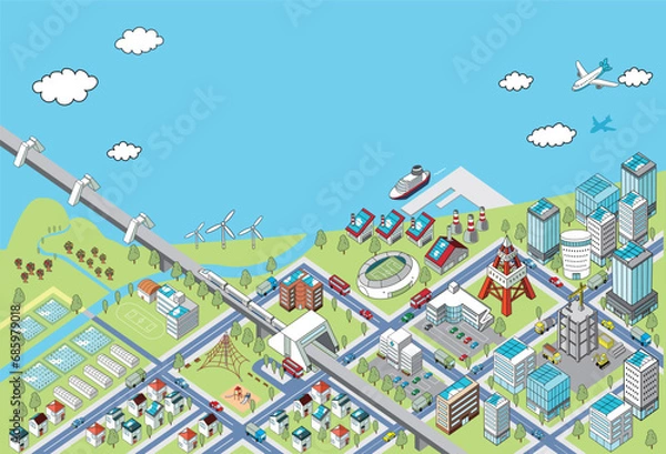 Obraz 自然と調和する海沿いの街並みの俯瞰イラスト