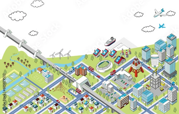 Obraz 自然と調和する海沿いの街並みの俯瞰イラスト（白背景）