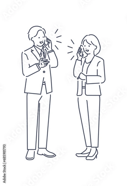 Fototapeta スマホで通話しているビジネスマンとビジネスウーマンのベクターイラスト素材。全身。