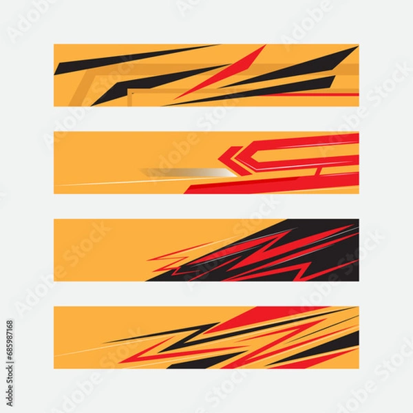 Fototapeta Sport car decal stripes. Speed lines, racing tuning strips and car sticker vector set. Orange vehicle marking elements for transport modifying isolated on black. Automobile identity