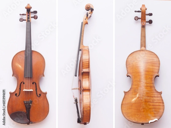 Fototapeta Antique fine violin from front, back and side on white background
