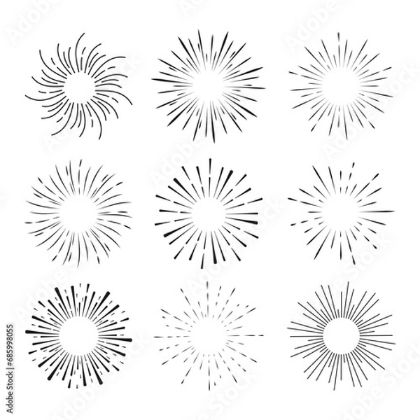 Fototapeta Set Fireworks, rays, sunburst frames circle border decoration, sparkle in doodle style, line sketch explosion isolated on white background.