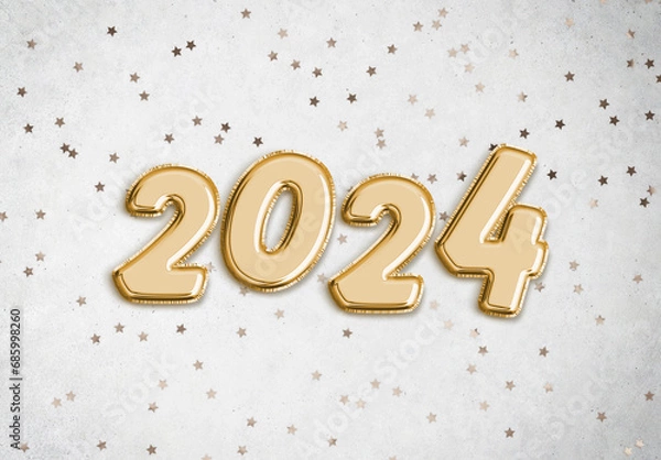 Fototapeta 2024 Golden Balloon Numbers on a Starry Concrete Texture Background - Festive New Year Celebration
