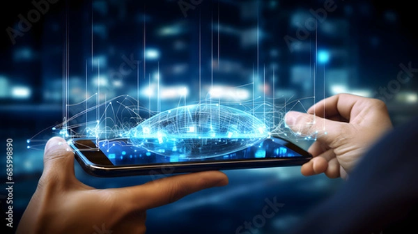 Obraz 5G High speed internet network communication, man using mobile smartphone with 5G icons flow on virtual screen, worldwide connection. generative ai.