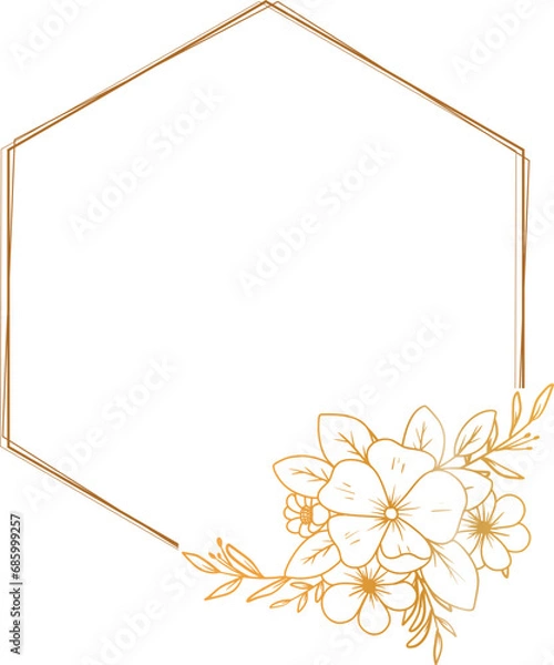 Obraz gold hexagon floral frame with hand drawn flower and leaves