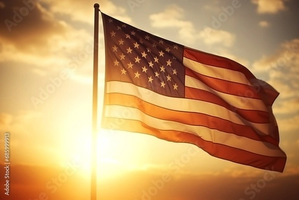 Fototapeta An inspiring image of the American flag waving proudly against a backdrop of a warm sunset sky. The sun's rays peeking around the flag create a radiant silhouette, highlighting the stars and stripes