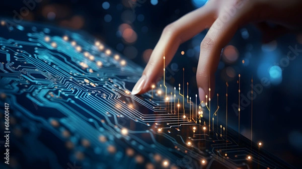 Obraz Artificial intelligence (AI) with machine deep learning and data mining and another modern computer technologies UI by woman hand touching CPU icon. generative ai.