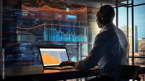 Fototapeta Businessman analyzing company financial balance sheet working with digital virtual graphics Business. generative ai.