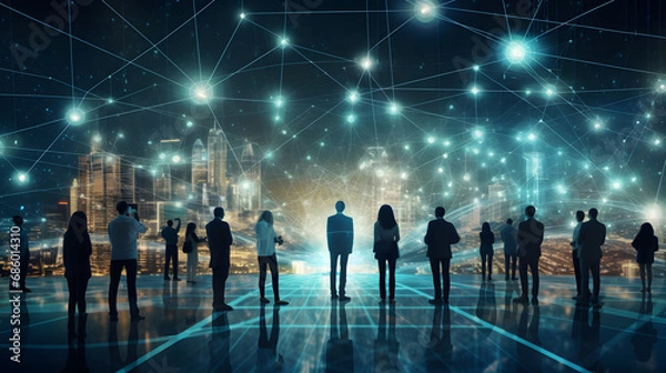Obraz Digital technology, global business network connection, data analysis, social media marketing, digital software development, teamwork and business strategy, internet technology concept. generative ai.