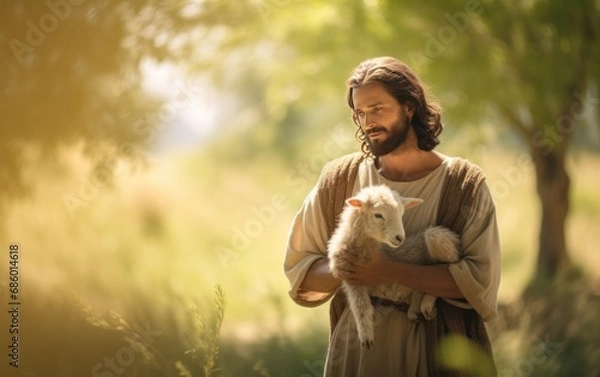 Fototapeta A bible jesus shepherd with his flock of sheep during sunset. Generative AI