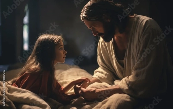 Fototapeta Jesus heals the daughter of Jairus. Generative AI