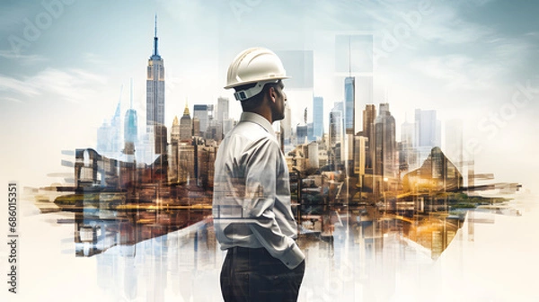 Fototapeta Double exposure of a engineer and urban cityscape. generative ai.