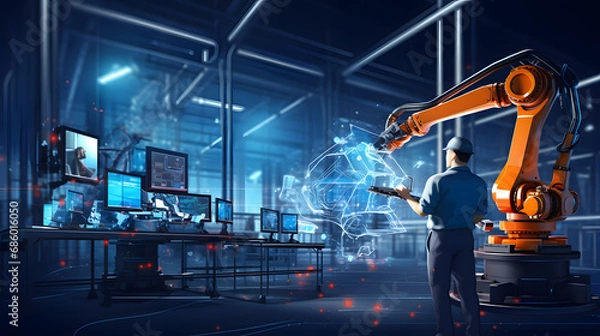 Fototapeta Engineer hand check and control welding robotics automatic arms icon with machine in intelligent factory automotive. generative ai.