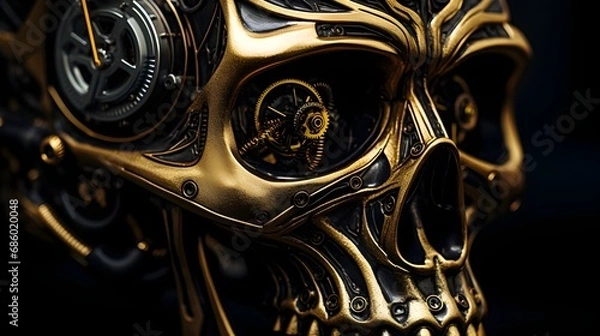 Fototapeta Close-up portrait of a cyberpunk skull against dark background, gold, minimalist, background image, AI generated