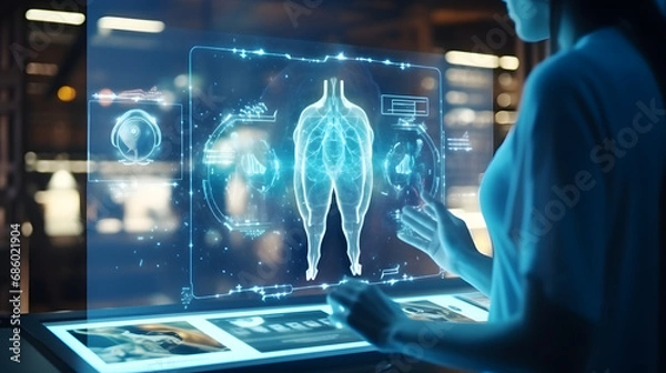 Fototapeta Medicine woman doctor touching digital medical record tablet with Liver. AR of healthcare and network connection on hologram modern. generative ai.