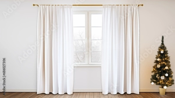 Fototapeta Interior modern style of apartment with big window and white curtains, Christmas tree and object for home decorations,