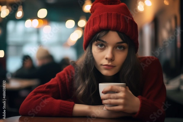 Fototapeta People spending Christmas and sheltering from the cold, Girl in Christmas clothes in a cafe with a cup in her hand