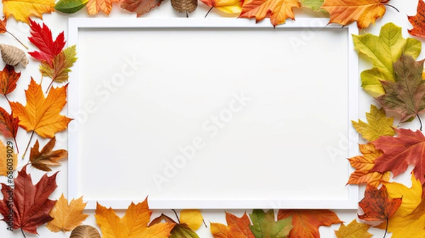 Fototapeta colorful autumn leaves surrounding a white frame