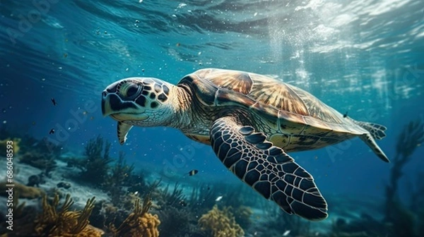 Fototapeta A lifelike snapshot of a sea turtle navigating through a polluted dirty plastic seascape
