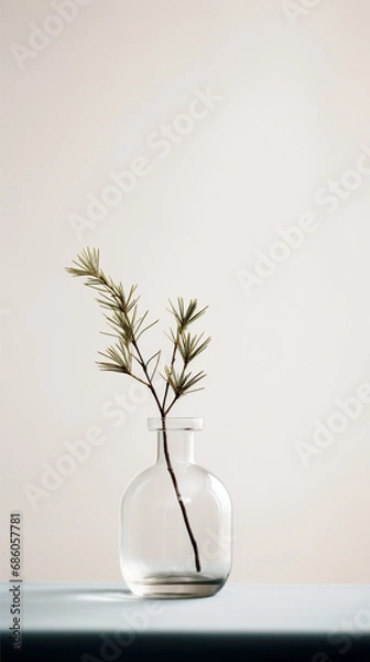 Fototapeta Spruce branch in glass vase, empty wall, vertical. Christmas, New Year, minimal winter holidays background.