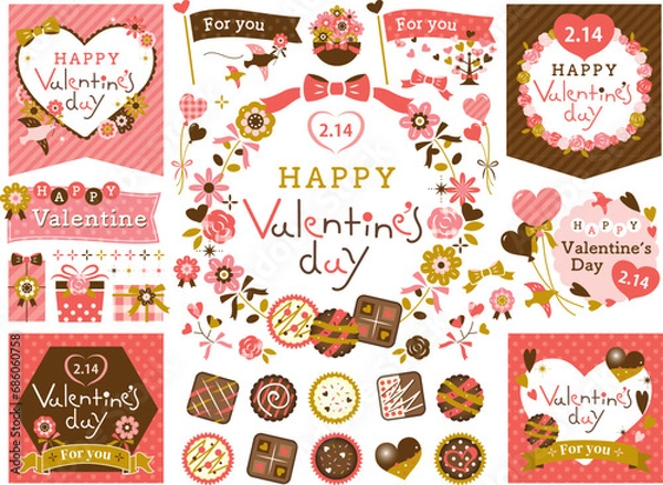 Fototapeta バレンタインの見出し・タイトル・チョコレートのイラストセット