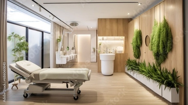 Obraz A sleek, modern spa interior featuring a massage bed, natural wood elements, and greenery, creating a serene and inviting wellness environment.