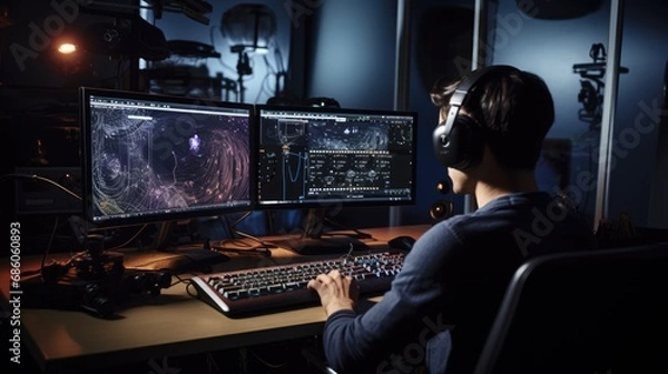 Obraz Professional digital artist intensely focused on creating visual effects on dual monitors in a dark studio environment, showcasing complex 3D modeling and rendering.