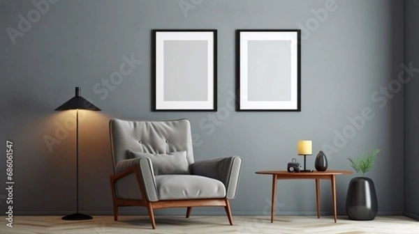 Fototapeta Personalize your space with a 3D ed photo frame and mockup, seamlessly integrating into a sophisticated gray wall.