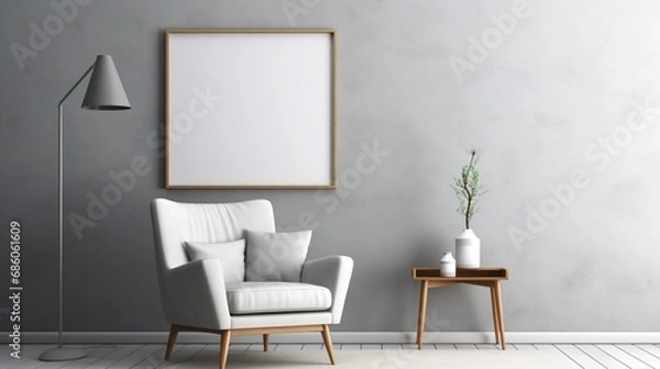 Fototapeta Redefine your space with a modern touch - a 3D ed photo frame and mockup adorning a stylish gray wall.