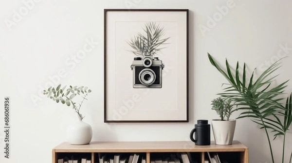 Fototapeta  a mockup poster against a modern display backdrop featuring a golden and black vase, enhancing the composition of white paper, an empty blank canvas.
