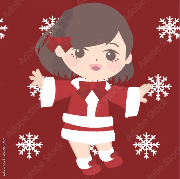 Fototapeta  a cute girl wearing the costume of santa with snowflakes on her head, in the style of pop kei, maroon, traditional poses, dark orange and light maroon, oshare kei, simple, dark white and red