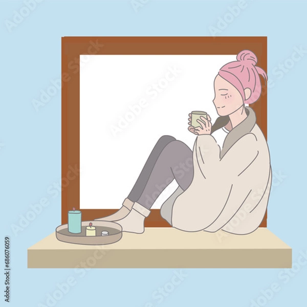 Fototapeta an illustration of a woman sitting on the window sill, reading, in the style of light pink and light azure, pure color, hallyu, light maroon and light azure, ceramic, warmcore, mirror 