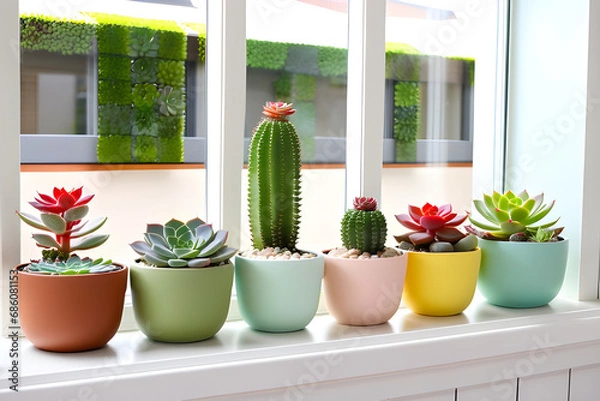 Fototapeta Succulent pots are placed side by side on a warm window sill. The shapes of the green succulents are all different and cute.
Generative AI.