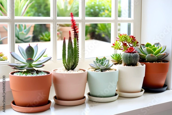 Fototapeta Succulent pots are placed side by side on a warm window sill. The shapes of the green succulents are all different and cute.
Generative AI.