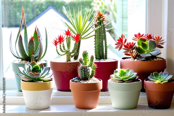 Fototapeta Succulent pots are placed side by side on a warm window sill. The shapes of the green succulents are all different and cute. 
Generative AI.