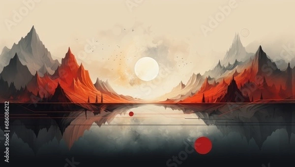 Fototapeta abstract artwork with a mountain and a sunset with geometry reflections