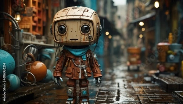 Fototapeta Lonely robot standing in a rainy city