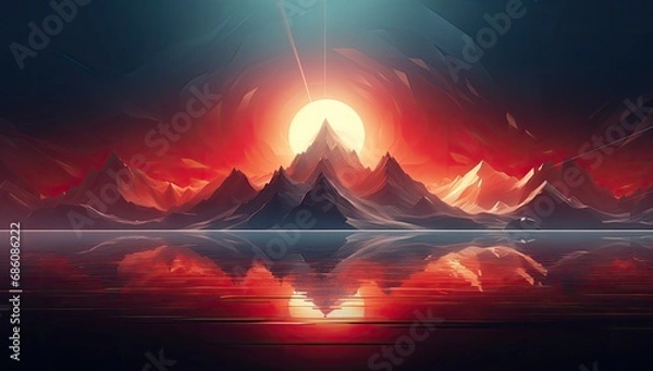 Fototapeta abstract artwork with a mountain and a sunset with geometry reflections