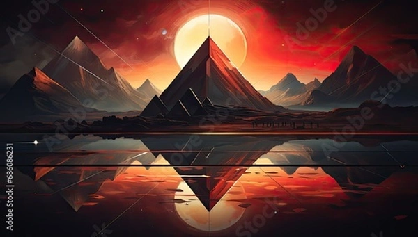 Fototapeta abstract artwork with a mountain and a sunset with geometry reflections