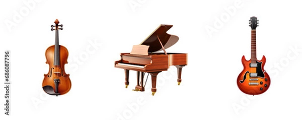 Fototapeta transparent background cutouts set of: Musical Instruments: Violin, Piano, Guitar